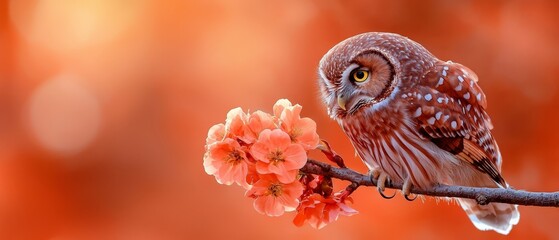 Poster -  An owl perches on a branch, foreground filled with flowers Background softly blurred