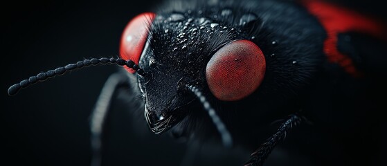 Canvas Print -  A tight shot of a red-and-black insect against a black backdrop Its bright red eyes stand out distinctly against the dark background