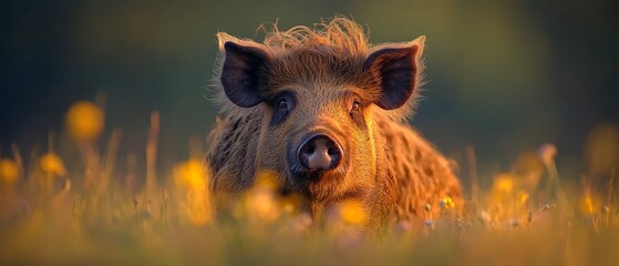  A tight shot of a wild boar in a lush grass field dotted with blooming flowers against a backdrop of a clear blue sky