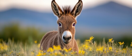 Sticker -  A close-up of a horse in a field of flowers with a mountain in the background