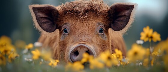 Sticker -  A tight shot of a pig's face amidst a field of wildflowers, the background softly blurred