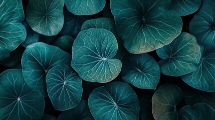 Poster - A close-up of lush green leaves, showcasing intricate veins and textures. The dark background creates a sense of depth and mystery.