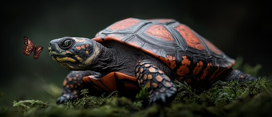 Poster -  A tortoise up close, sporting a butterfly atop its back, against a mossy backdrop