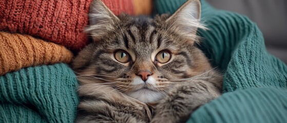  A tight shot of a cat sitting on someone's lap, with a knitted blanket in the background