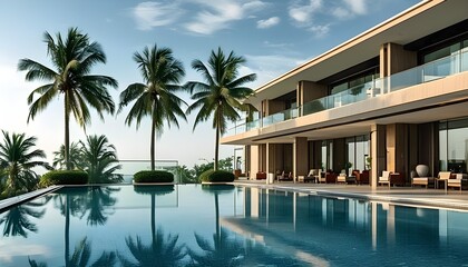 Wall Mural - Sophisticated luxury at a modern hotel featuring a stunning pool surrounded by elegant palm trees