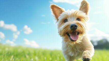 A happy dog runs joyfully through a lush green field under a bright blue sky, capturing the essence of playful moments in nature.