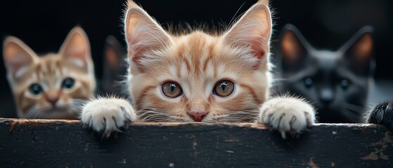 Poster -  A group of small kittens gazes out from a wooden ledge, paws gently resting on the plank's edge