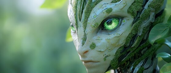 Poster -  A tight shot of a face with expressive green eyes, adjacent is a tree trunk artistically sculpted as a woman's head