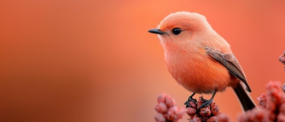 Sticker -  A tight shot of a small bird perched on a branch against a backdrop of red blooms and a softly blurred surroundings