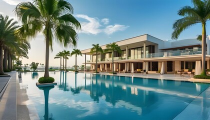 Wall Mural - Sophisticated luxury at a modern hotel featuring a stunning pool surrounded by elegant palm trees