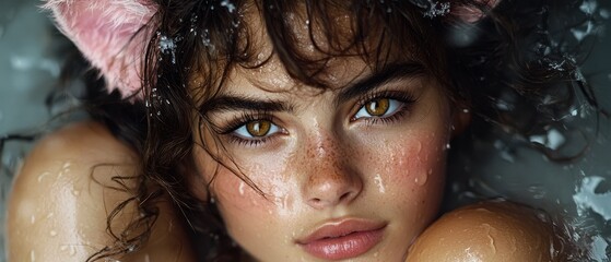 Poster -  A tight shot of a woman wearing cat ears in a bathtub, water cascading over her head