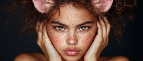 Wall Mural -  A woman with freckles dotting her face, her visage up close; a feline's ear arrangement atop her head