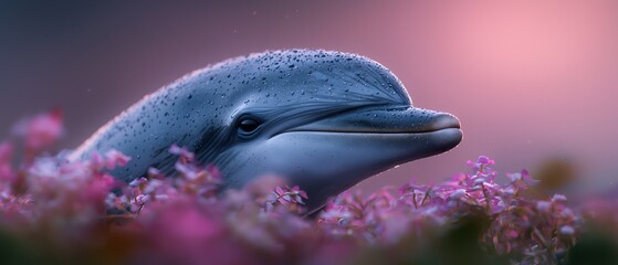 Poster -  A detailed shot of a toy animal amidst a field of pink and purple blooming flowers, with a softly blurred backdrop