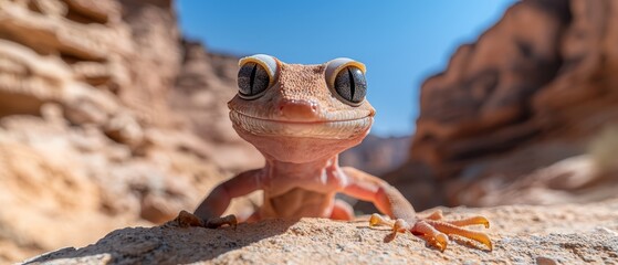 Poster -  A tight shot of a gecko perched on a rock against a backdrop of a tranquil blue sky In the foreground, a rocky outcropping adds depth to