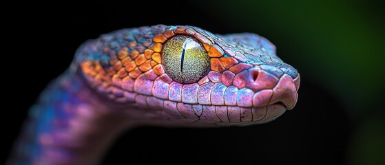 Poster -  A tight shot of a vibrant snake's eye against a contrasting black background or a serene green one