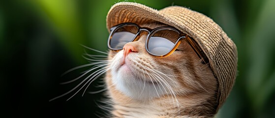 Poster -  A close-up of a cat wearing sunglasses atop its head, with a hat on top