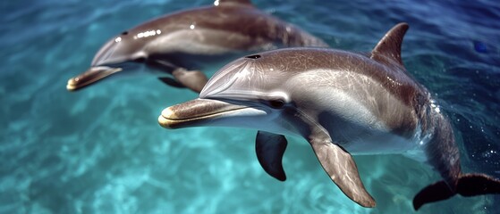  Two dolphins swimming side by side in a blue body of water, beneath a clear blue sky