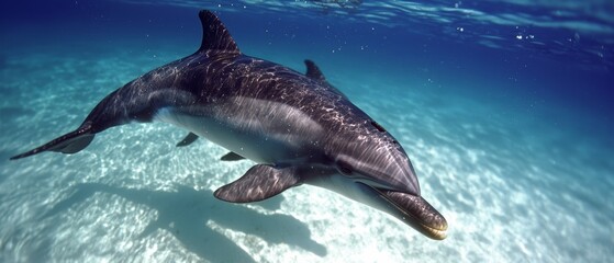 Poster -  A tight shot of a dolphin swimming in a water body, sun illuminating the water surface