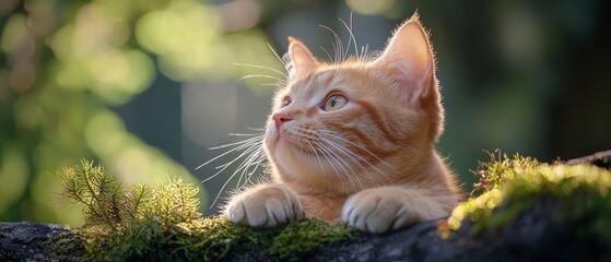 Canvas Print -  A tiny orange kitten perches on a moss-covered tree branch, gazing up at the sky with a curious expression