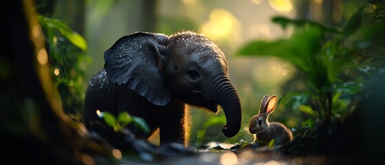 Canvas Print -  A baby elephant stands next to an adult elephant in the forest In the foreground, another baby elephant is present