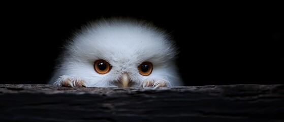 Wall Mural -  A tight shot of an owl's expressive face carved into a wooden piece, its large, bright eyes staring intently