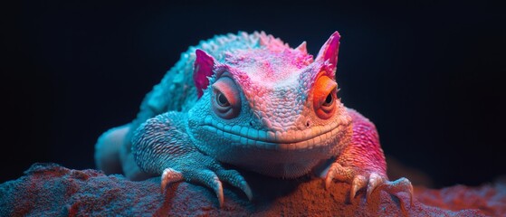 Poster -  A tight shot of a lizard perched on a rock, illuminated by blues and pinks on its face and eyes