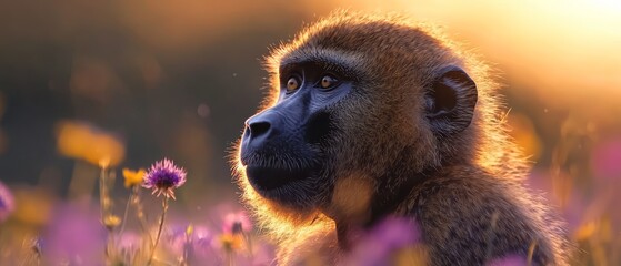 Poster -  A tight shot of a monkey amidst a blooming flower field, with the sun illuminating its face