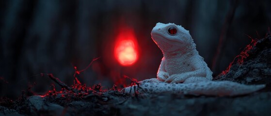 Canvas Print -  A detailed shot of a toy animal perched on a rock, surrounded by a dark forest Red light nearby Background softly blurred