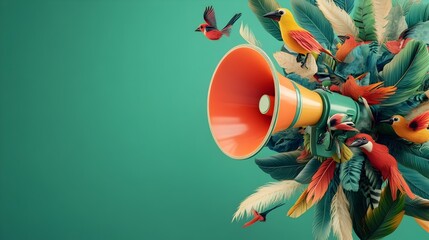 Vibrant 3D portrays a megaphone covered with exotic tropical birds and feathers against a lush green background creating a captivating and creative visual concept for advertising marketing