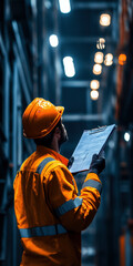 A warehouse supervisor, clad in an orange uniform and hard hat, inspects plans and manages operations within a well-lit storage area, ensuring efficiency and safety.