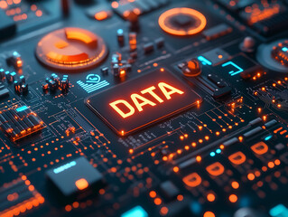 A circuit board with a chip labeled ‘DATA,’ highlighting data processing in technology.