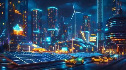 Poster - Vibrant neon lit cityscape showcasing a futuristic urban landscape powered by renewable energy projects with solar panels wind turbines and electric vehicles