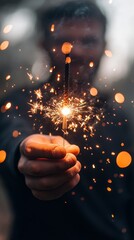 Poster - Man holding a sparkling firework. A festive celebration and joy, perfect for new year's eve imagery.