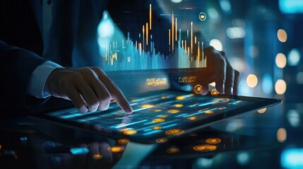 Poster - Businessman working on a tablet with hologram of various charts above