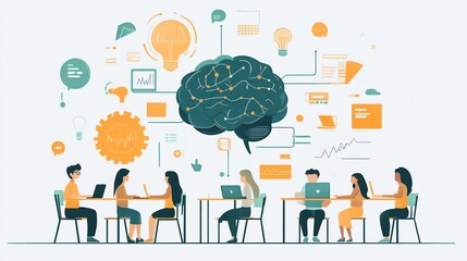Poster - A team of people working at a desk in an office with a large brain illustration above them.