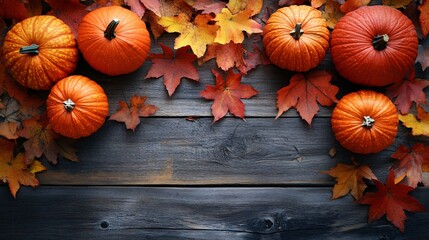 Wall Mural - Pumpkins and vibrant autumn leaves scattered on a wooden surface, evoking a warm, fall-inspired arrangement.