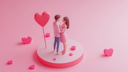 3d render, isometric view, 2 lovers, pink background, AI Generative