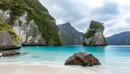 Wall Mural - Magnificent rock formation on serene beach in New Zealand's fjords