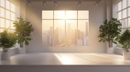 A brightly lit tv talkshow set with white windowless side walls and one large rectangular window on the back wall that looks out onto a city skyline a, AI Generative