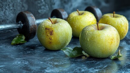 Green apples and dumbbells on gray background, flat lay, top view, space for text, stock photo contest winner, award-winning photography, HD
