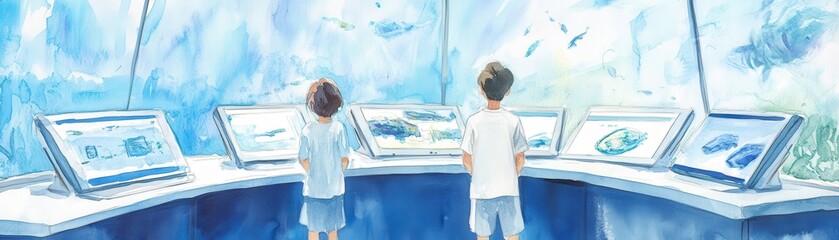 Two children explore an aquarium exhibit, fascinated by marine life displayed on interactive screens in a bright blue environment.