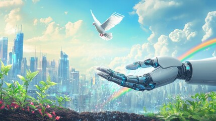 Wall Mural - A digital artwork depicting an AI robot hand, holding out its palm to release water droplets over greenery and rainbows in the sky, AI Generative