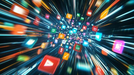 A dynamic and vibrant scene showcasing the concept of super fast application creation. Visualize a multitude of app icons flying through the air, AI Generative