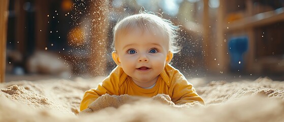 Wall Mural - A baby in a yellow shirt playing in the sand with a surprised expression.