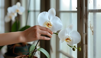 Wall Mural - Nurturing white Phalaenopsis orchid blossoms on a sunlit window sill