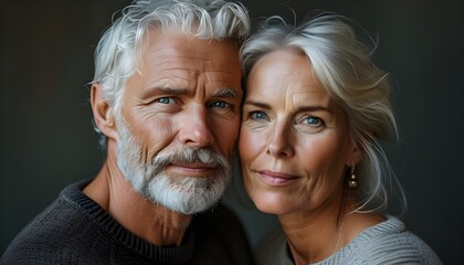 Wall Mural - Closeup portrait of a beautiful mature Scandinavian couple in love, highlighting the details of their faces and the warmth of a lasting connection