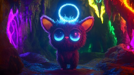Poster - Cute Furry Creature with Neon Halo in Cave