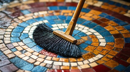 A close-up of a broom sweeping a colorful mosaic floor, highlighting the beauty of design in everyday cleaning tasks.