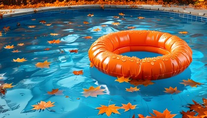 Autumn pool scene featuring orange inflatable floats spelling fall amidst vibrant leaves on shimmering blue water