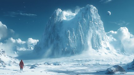 Icebergs And Snow Covered Rocks Against The Sea